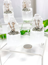 Load image into Gallery viewer, Satin Spar Selenite Tower Pyrite Miner (S1)