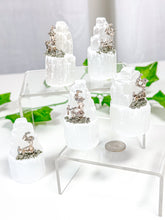 Load image into Gallery viewer, Satin Spar Selenite Tower Pyrite Miner (S3)