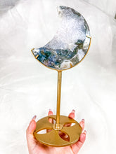 Load image into Gallery viewer, Moss Agate Moon on Stand (90W)