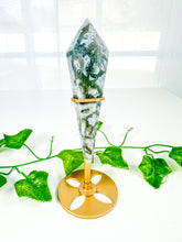 Load image into Gallery viewer, Moss Agate Wand on Stand (40M)