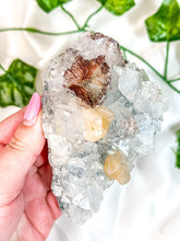 Load image into Gallery viewer, Clear Apophyllite Cluster on Blue Chalcedony with Pink Stilbite & Red Heulandite Mineral Specimen (F)