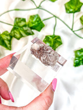 Load image into Gallery viewer, Peach Stilbite on Druzy Red Heulandite Mineral Specimen on Display (30C)