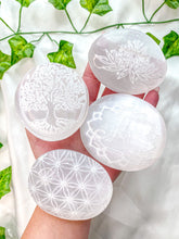 Load image into Gallery viewer, Satin Spar Selenite Palmstone Engraved Intuitively Pick (Random)