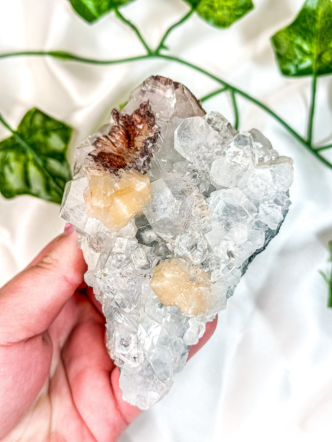 Clear Apophyllite Cluster on Blue Chalcedony with Pink Stilbite & Red Heulandite Mineral Specimen (F)