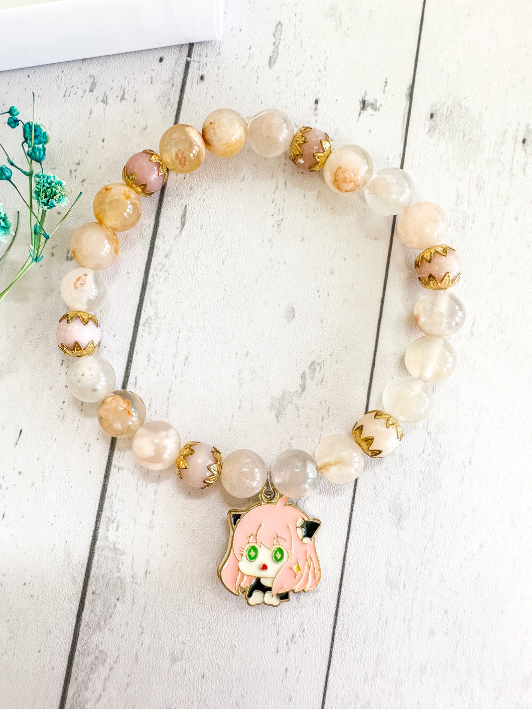 Flower Agate & Pink Opal Custom Bracelet (M38X) Medium