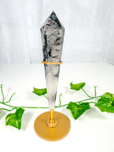 Load image into Gallery viewer, Tourmalinated Quartz Wand on Stand (58t)
