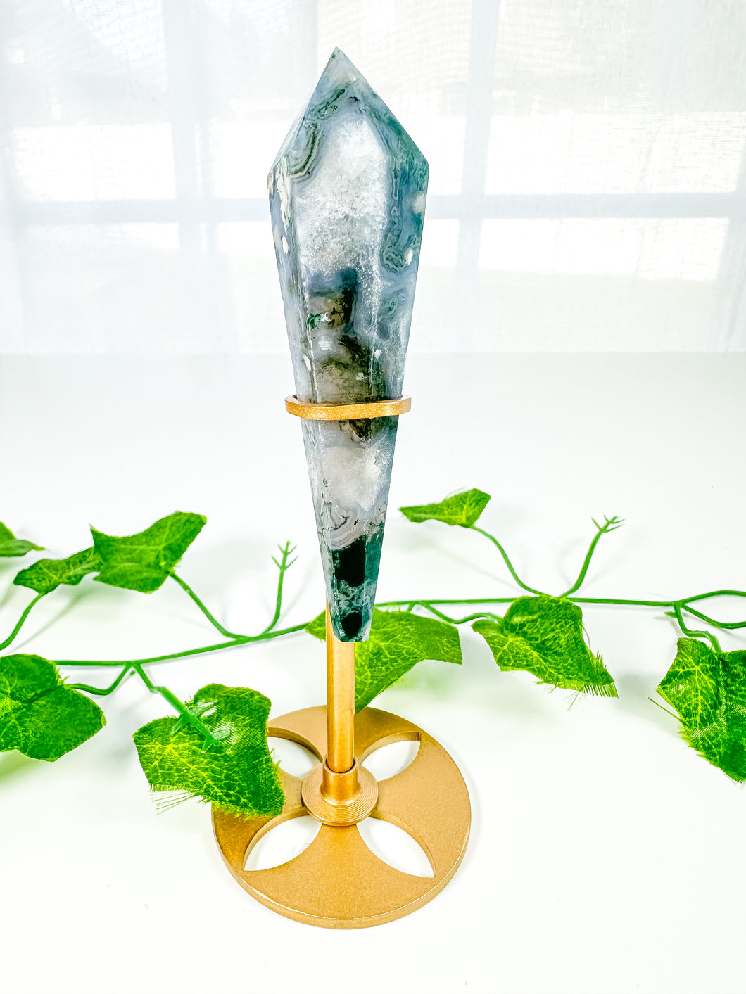 Moss Agate Wand on Stand (36M)