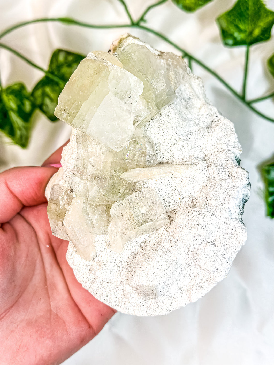 Clear Stilbite & Green Apophyllite on Okenite Mineral Specimen (P)