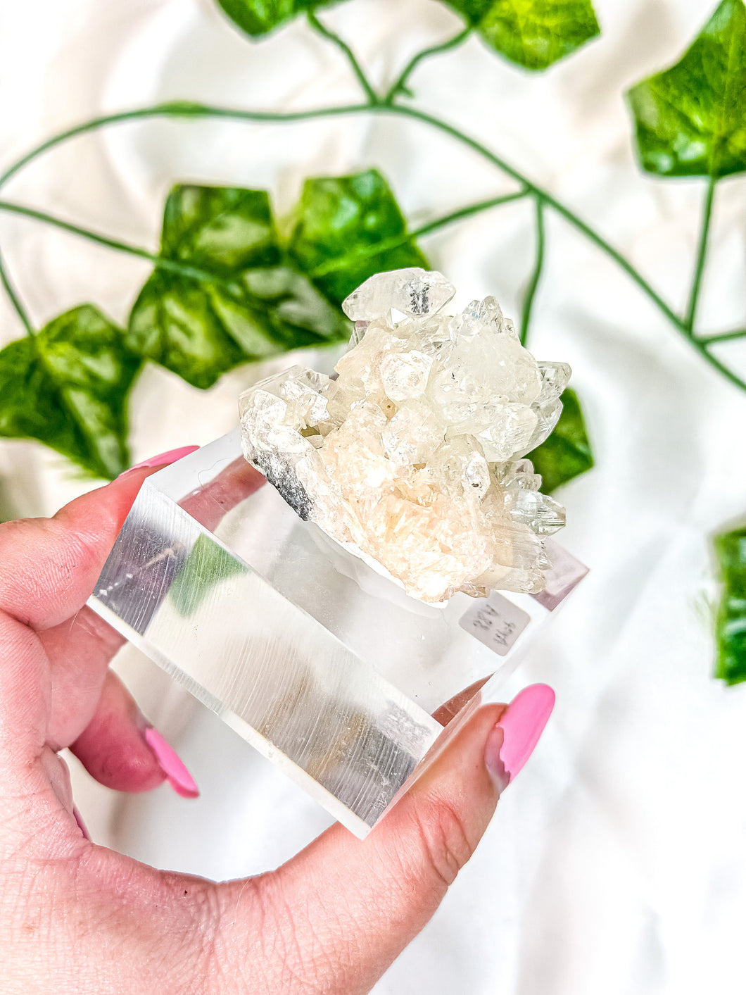 Apophyllite Cluster & Peach Stilbite Mineral Specimen on Display (38A)