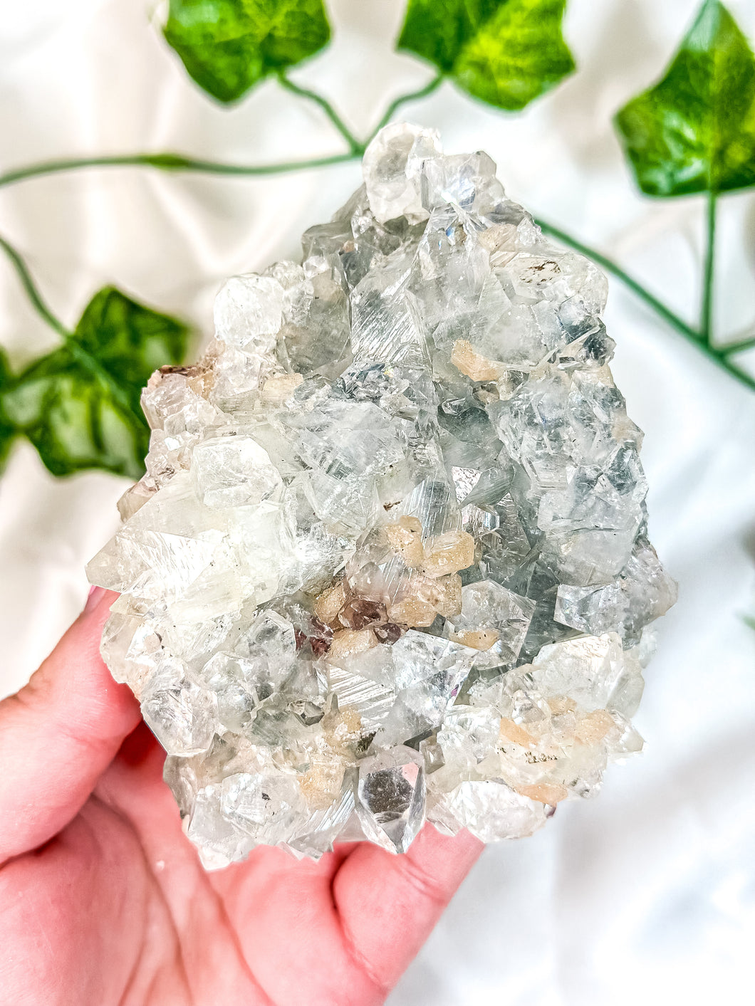 Clear Apophyllite Cluster on Blue Chalcedony with Pink Stilbite & Red Heulandite Mineral Specimen (E)