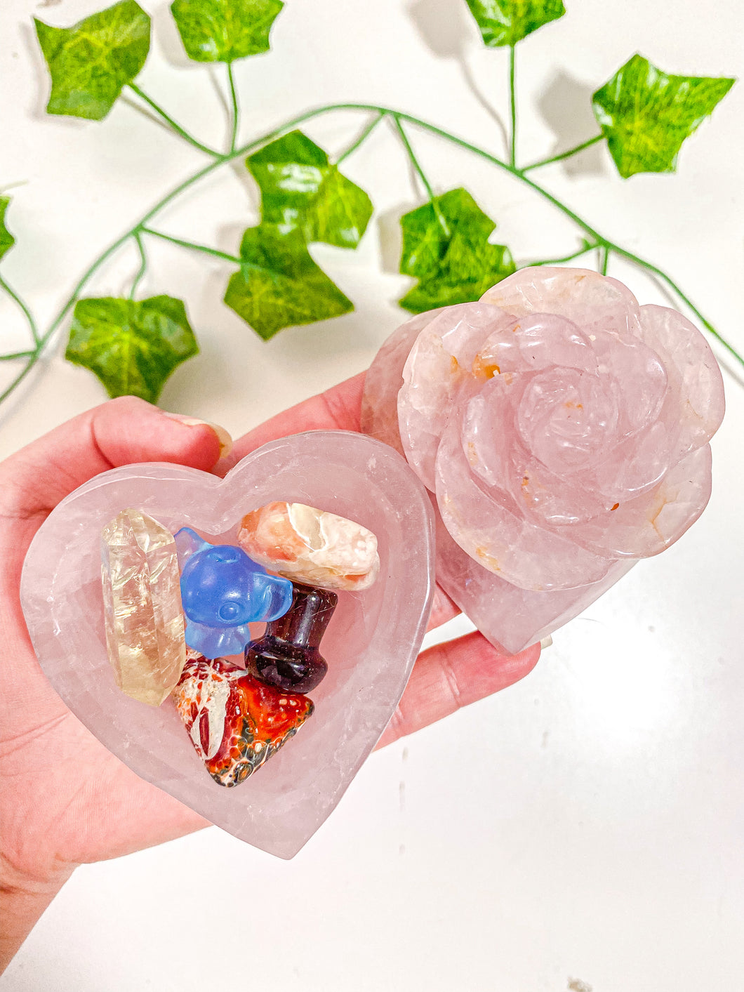 Rose Quartz Flower Heart Bowl Jewelry Box