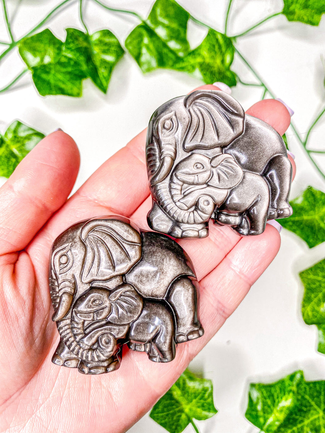 Silver Sheen Obsidian Mother & Baby Elephant