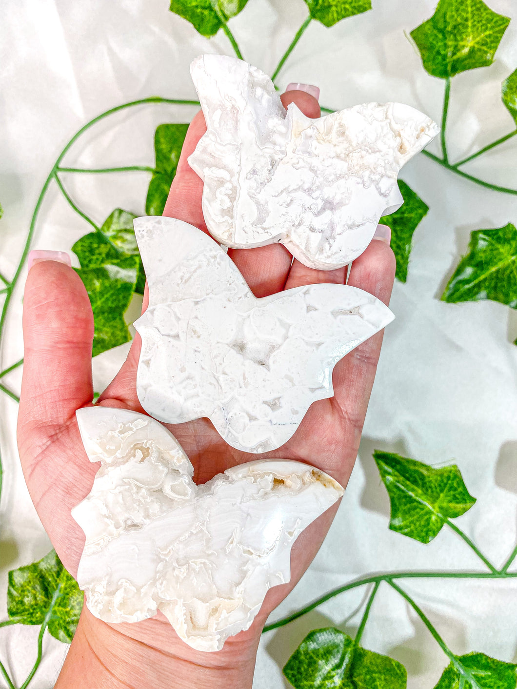 White Druzy Snow Plum Agate Butterfly