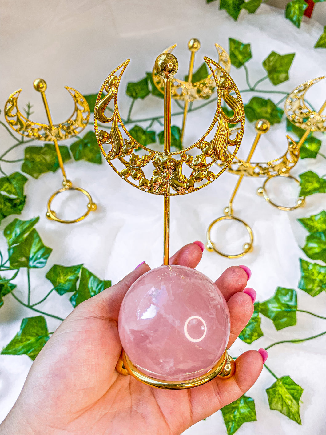 Gold Crescent Moon Crystal Sphere Stand